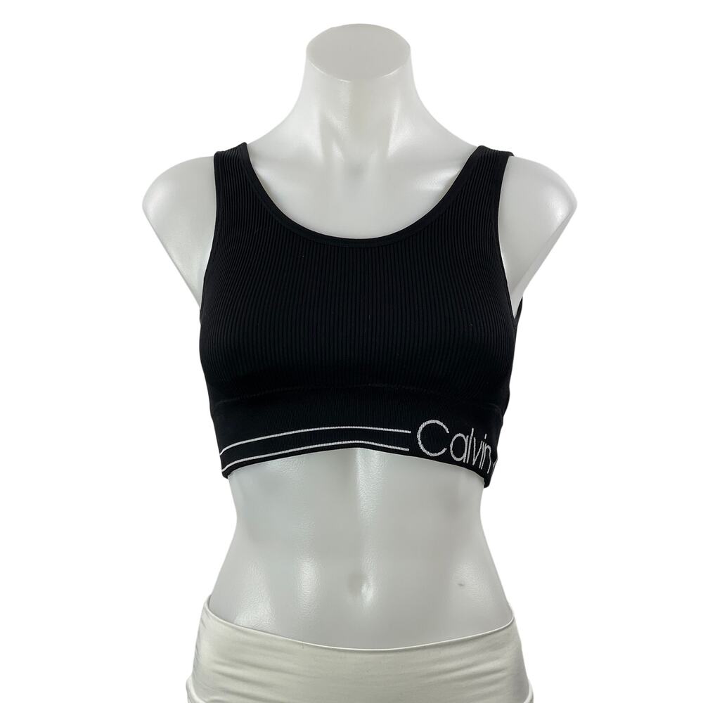 Calvin Klein Women's Black Scoop Neck Ribbed Yoga Athletic Sports Bra Crop Top M
